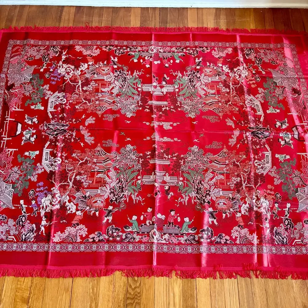 Vintage Chinese Scenic Fringed Tablecloth 74x55 Red Satin Brocade Shawl Tapestry